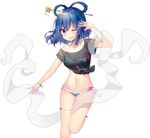  ;d bangs bare_shoulders between_legs bikini bikini_under_clothes black_shirt blue_hair blush borrowed_garments breasts cleavage clothes_writing cosplay curly_hair flower front-tie_top green_bikini hair_ornament hair_rings hair_stick halter_top halterneck hand_up heart hecatia_lapislazuli hecatia_lapislazuli_(cosplay) kaku_seiga koto_seori leg_up looking_at_viewer medium_breasts navel off_shoulder one_eye_closed open_mouth purple_eyes see-through shawl shirt short_hair short_sleeves simple_background smile solo standing standing_on_one_leg string swimsuit t-shirt thigh_gap tied_shirt touhou 