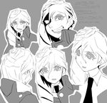  angry black_neckwear blood blood_on_face braid capelet determined expressionless from_behind girls_und_panzer girls_und_panzer_ribbon_no_musha greyscale grin hair_bun highres jacket jajka_(girls_und_panzer) military military_uniform monochrome multiple_views necktie shirt silenxe smile uniform 