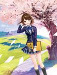  brown_eyes brown_hair character_request cherry_blossoms cover_image day hanekoto holding long_sleeves looking_at_viewer official_art open_mouth outdoors plaid plaid_skirt pleated_skirt school_uniform short_hair sketchbook skirt smile solo sono_10-moji_wo_boku_wa_wasurenai tree 