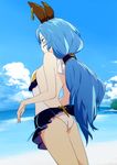  animal_ears ass backless_outfit beach blue_hair breasts brown_eyes day erune ferry_(granblue_fantasy) flat_ass granblue_fantasy long_hair ocean ponytail sideboob small_breasts sohin solo swimsuit 