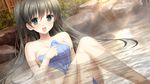  1girl areola_slip areolae black_hair blush breasts covering covering_breasts futaba_saki game_cg green_eyes highres hitsuji_takako legs lip_kiss long_hair looking_at_viewer mikoto_akemi nude onsen open_mouth original outdoors partially_submerged sitting smile solo steam thighs towel unasaka_ryou water wet 