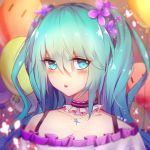  1girl 277114602 absurdres aqua_eyes balloon bangs bare_shoulders blurry blurry_background blush choker collarbone commentary_request dress eyebrows_visible_through_hair face flower frills green_hair hair_between_eyes hair_flower hair_ornament hatsune_miku highres jewelry long_hair looking_at_viewer necklace parted_lips red_balloon solo translation_request twintails vocaloid 