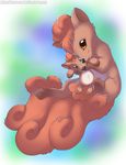  ambiguous_gender brown_eyes brown_fur brown_hair feral fur hair hug looking_at_viewer multi_tail nintendo nyaasu paws plushie pok&eacute;mon simple_background smile solo video_games vulpix 