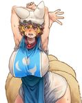  animal_ears armpits arms_behind_head bare_arms blonde_hair blush breasts bright_pupils chanta_(ayatakaoisii) contrapposto d: dress fox_ears fox_tail gigantic_breasts hands_up hanging_breasts hat highres huge_breasts leaning_forward looking_at_viewer multiple_tails open_mouth pillow_hat see-through short_hair simple_background solo standing sweat tabard tail touhou wet white_background white_dress yakumo_ran yellow_eyes 
