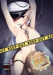  armpits arms_up bdsm black_ribbon blonde_hair blue_eyes breasts buckle capelet caution_tape censored cleavage clenched_teeth gedou_(shigure_seishin) graf_zeppelin_(kantai_collection) hat head_tilt kantai_collection keep_out large_breasts looking_at_viewer nude number parted_lips peaked_cap ribbon short_hair sidelocks solo spread_legs straddling teeth thigh_strap translation_request twintails upright_straddle white_hat wooden_horse 
