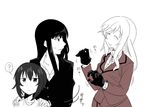  ^_^ black_gloves black_hair black_jacket closed_eyes coat collarbone girls_und_panzer gloves grabbing hands_on_another's_shoulders image_sample jacket long_hair long_sleeves mimuni362 motion_lines nishizumi_maho nishizumi_shiho pixiv_sample red_coat red_skirt shimada_chiyo shirt short_hair skirt smile spoken_question_mark sweat t-shirt translation_request white_shirt 