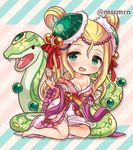  barefoot blonde_hair blush chinese_clothes cup green_eyes hair_ornament hanfu long_hair marshmallow_mille meimei_(p&amp;d) obi off_shoulder puzzle_&amp;_dragons sash shawl smile snake turtle_shell 