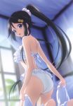  alternate_hairstyle ass back bare_shoulders bikini black_hair blue_eyes flat_ass frilled_bikini frills hair_ornament hair_scrunchie hairpin high_ponytail highres image_sample izumi_reina long_hair looking_at_viewer looking_back musaigen_no_phantom_world official_art open_mouth ponytail scrunchie solo swimsuit very_long_hair white_bikini window yandere_sample 