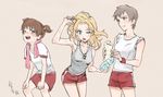  3girls alisa_(girls_und_panzer) blonde_hair blue_eyes blush brown_eyes brown_hair girls_und_panzer gym_uniform kay_(girls_und_panzer) naomi_(girls_und_panzer) soramame_(corndog) sweat 