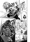  blood cloak comic fifiruu greyscale highres hong_meiling hood hooded_cloak izayoi_sakuya knife monochrome touhou translation_request weapon 