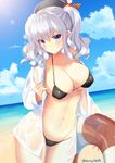  alternate_costume bangs beach beret bikini black_bikini blue_eyes blue_sky blurry blush breasts cleavage cloud cloudy_sky collarbone colored_eyelashes covered_nipples cowboy_shot day depth_of_field dress_shirt eyebrows_visible_through_hair hair_between_eyes hat highres hips holding innertube kantai_collection kashima_(kantai_collection) large_breasts lens_flare light_particles light_smile long_hair looking_at_viewer md5_mismatch mirea navel ocean outdoors revision see-through shirt silver_hair sky smile solo stomach sun sunlight swimsuit twintails unbuttoned unbuttoned_shirt wavy_hair wet wet_clothes white_shirt 