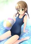  arm_support ball barefoot beachball braid brown_hair green_eyes leaning_back long_hair old_school_swimsuit one-piece_swimsuit original school_swimsuit shibacha sitting smile solo swimsuit twin_braids water 