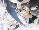  bird blue_hair boots cape dutch_angle feathers hair_feathers loyalists male_focus parrot shorts taikogane_sadamune torii touken_ranbu yellow_eyes 