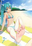  aqua_eyes aqua_hair arm_support barefoot beach bikini breasts character_name cloud day fan feet flan_(seeyouflan) hatsune_miku highres long_hair looking_at_viewer medium_breasts navel open_mouth outdoors paper_fan pov_feet sitting sky smile soles solo striped striped_bikini swimsuit toenails toes twintails uchiwa very_long_hair vocaloid water 