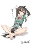  arm_up bangs bare_legs barefoot black_gloves blush bow bowtie breasts brown_eyes brown_hair buttons closed_mouth collared_shirt ebifurya elbow_gloves eyebrows eyebrows_visible_through_hair feet full_body gloves groin hair_between_eyes hair_ribbon hand_on_own_head highres hot indian_style kantai_collection long_hair medium_breasts no_panties one_eye_closed pelvic_curtain red_bow red_neckwear remodel_(kantai_collection) ribbon shirt short_sleeves simple_background sitting soles solo sweat tone_(kantai_collection) translated twintails twitter_username white_background white_ribbon white_shirt 