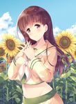  blue_sky blush breasts brown_eyes brown_hair cloud collarbone day eyebrows eyebrows_visible_through_hair field flower flower_field groin highres interlocked_fingers jewelry kantai_collection komi_zumiko large_breasts long_hair long_sleeves looking_at_viewer midriff navel ooi_(kantai_collection) outdoors own_hands_together remodel_(kantai_collection) ring school_uniform serafuku sky smile solo standing sunflower wedding_band 