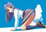  1girl all_fours ass black_legwear blue_sky brown_eyes brown_shoes cloud gakkou_no_kaidan_(anime) highres kneehighs koigakubo_momoko loli long_hair pantyshot pink_bow purple_hair school_uniform skirt socks underwear white_legwear white_panties 