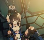  bdsm bound bound_wrists breasts brown_hair c-sha chain choker cleavage game_cg hands_above_head highres large_breasts long_hair navel neptune_(series) pantyhose solo tied_up torn_clothes torn_legwear tsunako 
