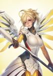  2016 armor artist_name bangs black_gloves blonde_hair blue_eyes bodysuit breastplate breasts brown_legwear character_name closed_mouth copyright_name cowboy_shot dated eyebrows eyebrows_visible_through_hair eyes_visible_through_hair faulds gloves headgear highres holding holding_staff holding_weapon large_breasts lips loincloth long_hair looking_at_viewer mechanical_halo mechanical_wings mercy_(overwatch) overwatch pantyhose ponytail shisherry solo spread_wings staff turtleneck watermark weapon web_address wing_print wings yellow_wings 