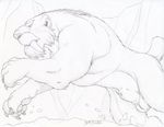  animal_genitalia balls dudebulge fangs feline feral fully_sheathed greyscale ice_age leaping male mammal monochrome pencil_(artwork) quadruped saber-toothed_cat sabertooth_(feature) sheath side_view signature solo soto_(ice_age) traditional_media_(artwork) 