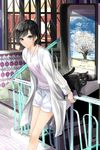  black_cat black_hair cat chef_no_kimagure_salad cover_image jewelry looking_at_viewer necklace official_art popcorn_lovers railing short_hair shorts smile solo stairs tree 