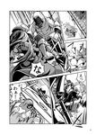  assassin's_creed_(series) cloak comic fifiruu greyscale highres hong_meiling hood hooded_cloak izayoi_sakuya mask monochrome multiple_girls running sword touhou translation_request weapon 