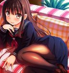 brown_footwear brown_hair couch higa indoors long_hair looking_at_viewer lying neckerchief on_couch on_side pantyhose pillow plant school_uniform serafuku shoes smile solo 