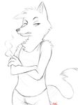  angry anthro betty_(weaver) boreoboros canine chest_tuft cigarette clothed clothing disney fan_character female fluffy glare mammal monochrome sharp_teeth solo teeth tuft wolf zootopia 