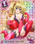  1girl bikini blonde_hair blue_eyes breasts chess_piece gloves high_school_dxd looking_at_viewer multicolored multicolored_background official_art ravel_phenex red_gloves red_legwear red_swimsuit swimsuit trading_card twintails 