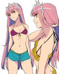  bad_id bad_pixiv_id bandeau bangs bikini bikini_top blue_shorts blunt_bangs breasts butt_crack cleavage fate/grand_order fate_(series) hand_in_hair highres long_hair looking_at_viewer medb_(fate)_(all) medb_(fate/grand_order) nape navel pink_hair purple_bikini_top shimo_(s_kaminaka) shorts small_breasts smile solo swimsuit tiara very_long_hair yellow_bikini yellow_eyes 