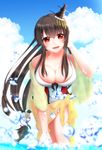  black_hair blue_sky breasts casual_one-piece_swimsuit cleavage cloud day fusou_(kantai_collection) hair_ornament headgear highres kantai_collection large_breasts long_hair one-piece_swimsuit red_eyes sarong shawl shige_(okosama_lunch) sky solo swimsuit water 