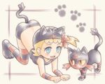  all_fours animal_costume animal_hat asymmetrical_hair blonde_hair blue_eyes bow cat_hat cosplay eureka_(pokemon) gen_7_pokemon hair_bow hat litten litten_(cosplay) midriff open_mouth paw_print pokemon pokemon_(anime) pokemon_(creature) pokemon_xy_(anime) porocha short_hair striped striped_legwear tail wristband yellow_sclera 