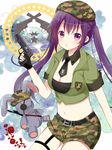  :o belt beret black_gloves blush breasts camouflage camouflage_hat camouflage_shorts cleavage fingerless_gloves gloves gochuumon_wa_usagi_desu_ka? gun handgun hat highres long_hair medium_breasts midriff navel necktie pistol purple_eyes purple_hair revision ryoutan shorts solo stuffed_animal stuffed_bunny stuffed_toy tedeza_rize twintails weapon 