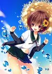  blue_sky brown_hair bubble cloud day gradient_hair hat jacket kamiya_yuuji kantai_collection microskirt multicolored_hair mutsuki_(kantai_collection) no_legwear open_mouth panties pleated_skirt red_hair remodel_(kantai_collection) school_uniform serafuku short_hair skirt sky smile solo straw_hat underwear water white_panties 