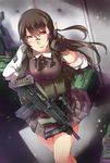  assault_rifle ayyh blush brown_hair from_above glasses gloves gun highres l85 long_hair pleated_skirt red_eyes rifle rimless_eyewear school_uniform scope shell_casing skirt solo v walking weapon wind 