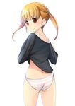  ass brown_eyes brown_hair from_behind long_hair looking_back no_pants original panties shibacha shirt shirt_lift smile solo striped striped_panties twintails underwear undressing 