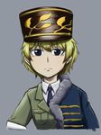  asparagus_(girls_und_panzer) blonde_hair blue_eyes blue_neckwear danzai-sha girls_und_panzer girls_und_panzer_ribbon_no_musha green_jacket highres image_sample jacket jacket_over_shoulder kepi military military_uniform necktie pixiv_sample shirt short_hair simple_background solo uniform white_shirt 