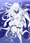 bangs barefoot breasts collar dress floating_hair highres impossible_clothes impossible_dress kantai_collection long_hair medium_breasts monochrome niwatazumi purple_background shinkaisei-kan short_dress sketch sleeveless sleeveless_dress solo submarine_hime underwater white_dress yellow_eyes 