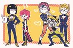  animal_print black_hair blonde_hair blue_eyes blush bob_cut bra braid bruno_buccellati bug checkered checkered_skirt choker clenched_hands closed_eyes crop_top crossed_arms giorno_giovanna guido_mista hair_ornament hairband hairclip haku_le hand_on_hip hands_clasped hat heart insect jojo_no_kimyou_na_bouken ladybug narancia_ghirga open_mouth own_hands_together pink_hair puckered_lips single_braid skirt steam strap tiger_print trish_una turtleneck underwear zipper 