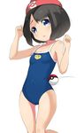  ass_visible_through_thighs bangs beanie black_hair blue_eyes blue_swimsuit breasts clenched_hands competition_school_swimsuit covered_navel cowboy_shot from_side hands_up hat head_tilt looking_at_viewer mizuki_(pokemon) motion_lines one-piece_swimsuit parted_lips poke_ball poke_ball_(generic) pokemon pokemon_(game) pokemon_sm print_swimsuit raised_eyebrows red_hat school_swimsuit short_hair simple_background small_breasts solo standing swimsuit tamakorogashi thigh_gap white_background 