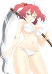  alternate_costume arm_at_side bikini breasts cowboy_shot from_below hair_between_eyes hair_bobbles hair_ornament large_breasts lips looking_at_viewer mukai navel onozuka_komachi over_shoulder red_eyes red_hair scythe smile smug solo stomach swimsuit touhou two_side_up underboob weapon weapon_over_shoulder white_bikini 