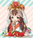  :d blush brown_hair facial_mark forehead_mark green_eyes headdress japanese_clothes kimono kushinada_(p&amp;d) marshmallow_mille open_mouth puzzle_&amp;_dragons smile solo veil 