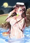  areola_slip areolae blush breasts brown_eyes brown_hair bucket cleavage d.va_(overwatch) facial_mark food full_moon hair_ornament hairclip large_breasts long_hair moon naked_towel one_eye_closed onsen overwatch partially_submerged popsicle rock sevenann solo towel towel_on_head water wet_towel whisker_markings 