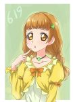  1girl :o bangs bow braid brown_eyes brown_hair character_request chocokin choker clover_hair_ornament dated finger_to_mouth green_background hair_ornament index_finger_raised long_hair long_sleeves orange_bow precure solo twin_braids twintails upper_body 