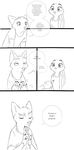  canine claws clothing dialogue digital_media_(artwork) disney duo english_text female fox fur hair judy_hopps lagomorph long_ears male mammal monochrome nick_wilde rabbit simple_background sitting size_difference speech_bubble spintherella standing text white_background zootopia 