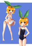  :d ball barefoot beachball bikini blush breasts brown_eyes eyebrows food front-tie_bikini front-tie_top fruit katahira_masashi leaf looking_at_viewer mandarin_orange multiple_views nail_polish one-piece_swimsuit open_mouth orange_hair orange_nails original personification short_hair side-tie_bikini small_breasts smile swimsuit white_bikini 