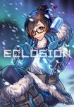  artist_name black-framed_eyewear blush boots brown_eyes brown_hair coat eclosion food fur_trim glasses gloves hair_bun hair_ornament hair_stick looking_at_viewer mei_(overwatch) overwatch popsicle short_hair smile snow snow_boots solo watermark winter_clothes winter_coat 