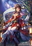  bamboo bell boots breasts brown_hair chinese_clothes cleavage cuboon flower hair_flower hair_ornament hair_rings hairband large_breasts night official_art pants purple_eyes solo z/x 