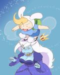  adventure_time animal_hood blonde_hair blue_skin blush_stickers breasts bunny_hood cleavage crown fionna_the_human_girl highres hood ice_queen juliet_sleeves kamijou_shoutarou large_breasts long_hair long_sleeves multiple_girls puffy_sleeves skirt standing_on_head thighhighs tongue tongue_out white_hair 