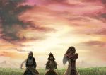  2boys armor bangs black_hair breasts brothers capelet carlmary closed_eyes cloud coat covered_mouth dress elbow_gloves fire_emblem fire_emblem_if gloves grass grasslands hair_ornament highres long_coat long_hair looking_at_viewer mask mikoto_(fire_emblem_if) mole mother_and_son mountain multiple_boys orange_sky ponytail red_armor ryouma_(fire_emblem_if) siblings sidelocks sky smile sunset takumi_(fire_emblem_if) undershirt very_long_hair white_coat white_dress white_gloves 